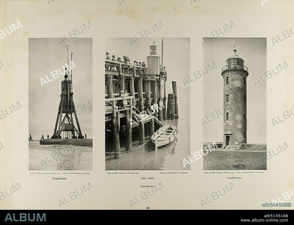 Wilhelm Dreesen, Otto Meissner, Kugelbaake, Alte Liebe and lighthouse in Cuxhaven from the portfolio Neue malerische Bilder aus der Freien und Hansestadt Hamburg und ihrer Umgebung, Staatliche Landesbildstelle Hamburg, collection on the history of photography, paper, collotype, Total: Height: 35,00 cm; Width: 48,00 cm, inscribed: recto u. Photographer, Publisher and title, travel photography, architectural photography, port.