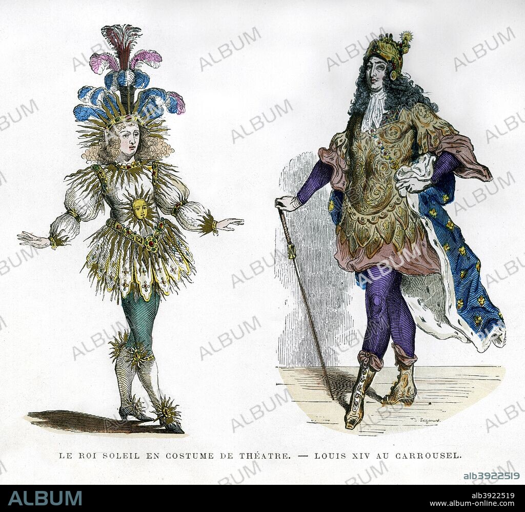 Sun King theatre costume, and King Louis XIV of France, 1882-1884. Although Louis (1638-1715) inherited the French crown in 1643, he did not actually take the reigns of power until the death of his Chief Minister, Cardinal Mazarin, in 1661. Known as the 'Sun King', Louis was the epitome of the absolute monarch. He was on the throne for 72 years, longer than any other major European ruler. His reign saw a flowering of the arts and architecture in France, including the building of the magnificent Palace of Versailles, as well as a growth of French economic and military power. A print from La France et les Français à Travers les Siècles, Volume IV, F Roy editor, A Challamel, Saint-Antoine, 1882-1884.
