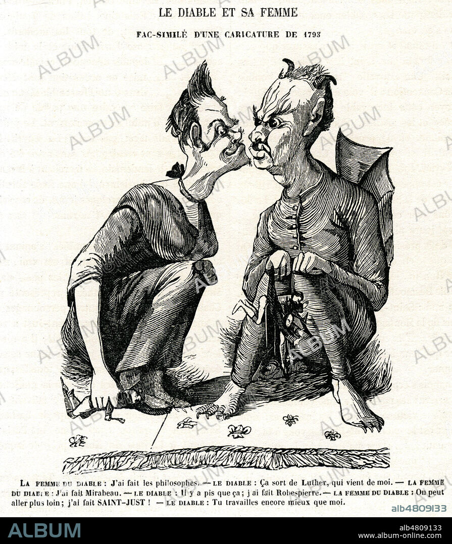 Le diable et sa femme (s'ennorgueillissant l'un l'autre d'avoir fait les philosophes, Luther, Mirabeau, Robespierre et Saint-Just). D'apres une caricature de 1793 reprise dans Le Magasin catholique illustre de 1853. Credit : Collection Kharbine-Tapabor.