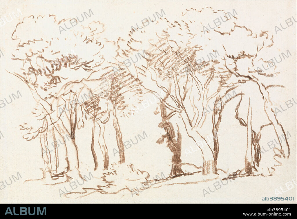 DAVID COX. Study of Trees. Date/Period: 1840s. Drawing. Brown crayon on moderately textured cream wove paper. Height: 200 mm (7.87 in); Width: 289 mm (11.37 in).