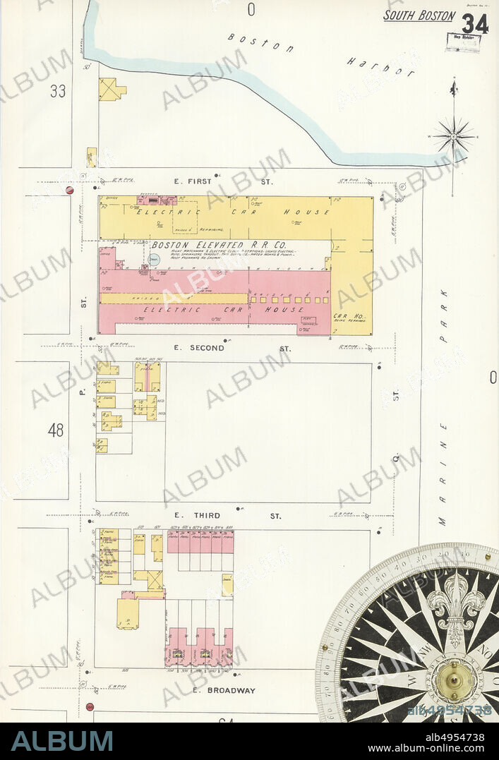 Image 37 of Sanborn Fire Insurance Map from Boston, Suffolk County, Massachusetts. Vol. 4, 1899. 109 Sheet(s). 2 skeleton maps. Bound, America, street map with a Nineteenth Century compass.