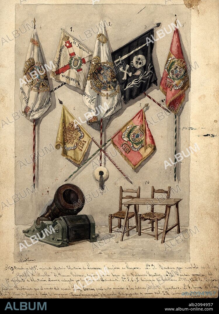 Tratado de Vergara. Escenificación de la firma del tratado de paz de la primera guerra carlista (1833-1840); banderas, armas y otros objetos de los participantes. Dibujo a la acuarela original de la época.