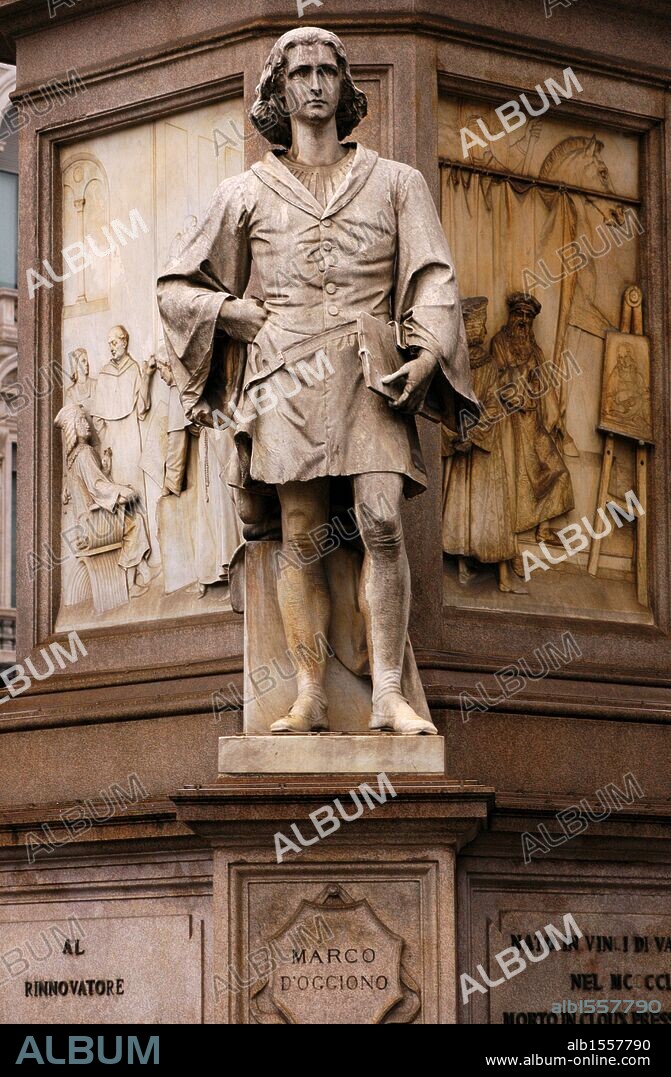 Statue of the painter Marco d' Oggiono (1470-1549). Sculptural detail of the monument to Leonardo da Vinci, by Pietro Magni, 1872. Milan, Italy.