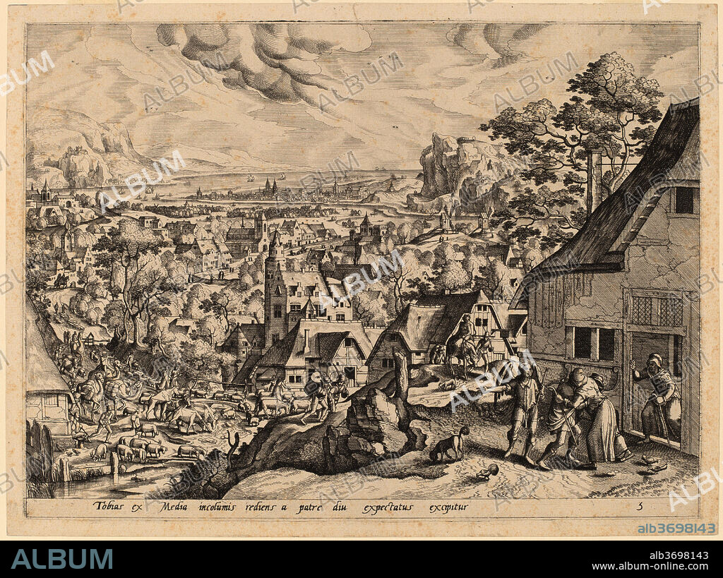 GERARD DE JODE AFTER HANS BOL. Tobias Returns Home with His Bride. Medium: etching and engraving.