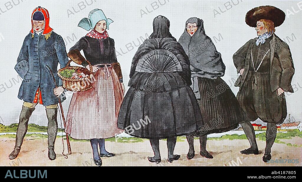 Fashion, clothes in Denmark, folk costumes around 1800, from left, farmer from Roskilde, girl from Amager goes to the market in Copenhagen, costume at the funeral procession from the village Hollaenderdorf on the island of Amager and farmer from Amager in winter costume, digital improved reproduction from an original from the year 1900.