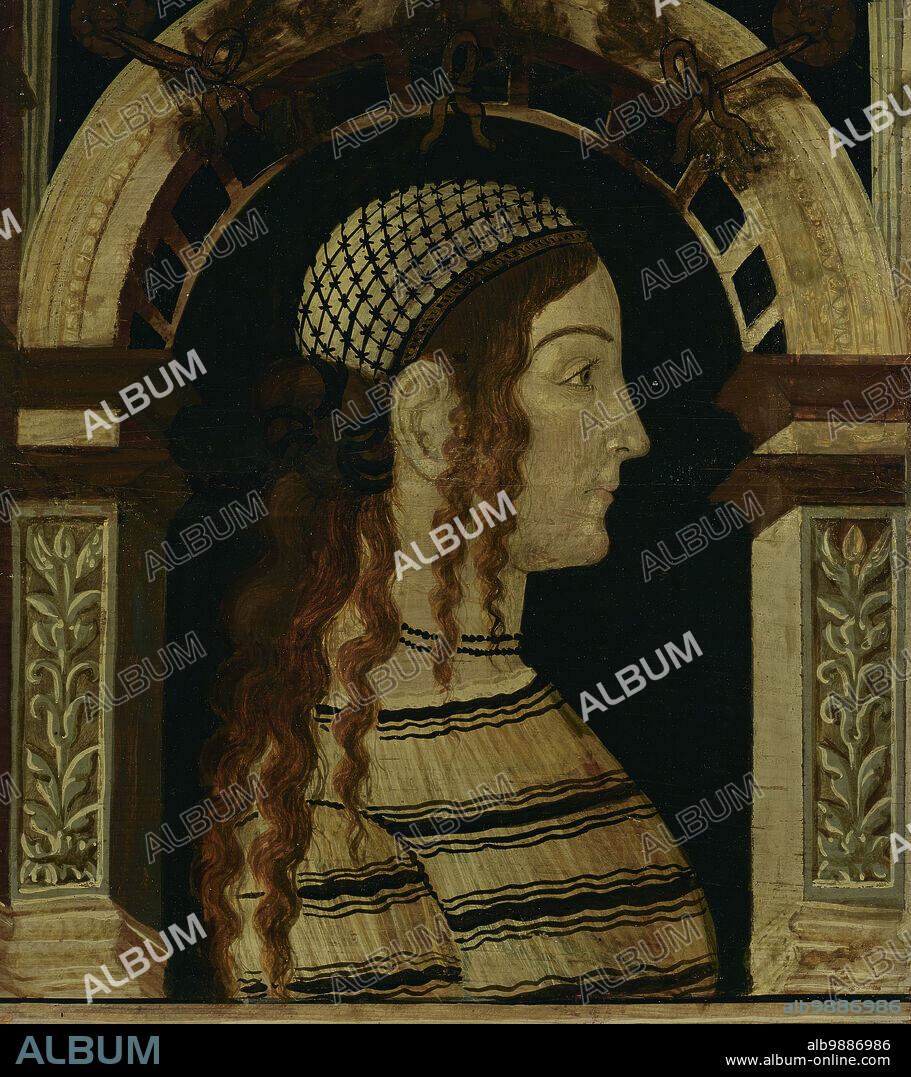 Profile of a Gypsy Woman, 1500-1525. This panel was originally installed along the upper wall of a room, perhaps a study or reception room, where it would have been joined by other panels identical in format and similar in subject in that they normally depict attractive young women and sometimes men in profile. This type of decoration was common in palaces in the north Italian region of Lombardy in the late 15th and early 16th century. Though the figures in these panels might initially look like portraits, they were often intended to be generic—simple representations of men and women from varying social classes and origins. This woman, with her loose hair, striped shirt and checkered bonnet, appears to be a gypsy. The inclusion of a figure from an outsider group is highly unusual and there is likely some story behind it.