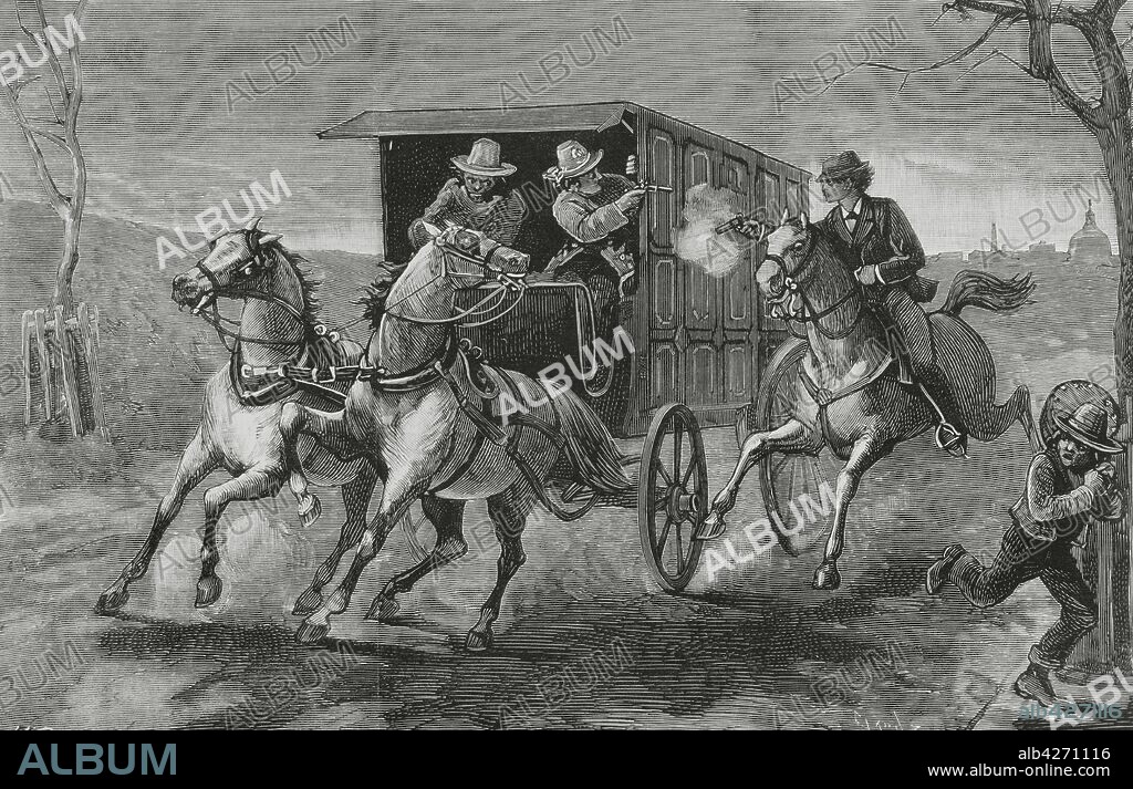 Charles Julius Guiteau (1841-1882). Abogado estadounidense famoso por asesinar al presidente de los Estados Unidos James A. Garfield. Estados Unidos. Washington. El proceso de Guiteau. Atentado contra la vida de Guiteau, al ser restituido a la prisión, después de la audiencia celebrada el 19 de noviembre de 1881. Un jinete adelantó a la camioneta de la policía y efectuó un disparo, hiriendo en un brazo a Guiteau. Grabado por Tomás Carlos Capuz (1834-1899). La Ilustración Española y Americana,22 de diciembre de 1881.