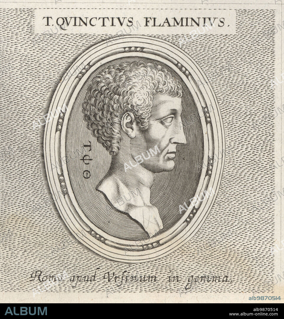 Titus Quinctius Flamininus, Roman politician and general instrumental in the Roman conquest of Greece, c.228-174 BC. Defeated Philip V at the Battle of Cynoscephalae. T. Quinctius Flaminus. Copperplate engraving after an illustration by Joachim von Sandrart from his LAcademia Todesca, della Architectura, Scultura & Pittura, oder Teutsche Academie, der Edlen Bau- Bild- und Mahlerey-Kunste, German Academy of Architecture, Sculpture and Painting, Jacob von Sandrart, Nuremberg, 1675.