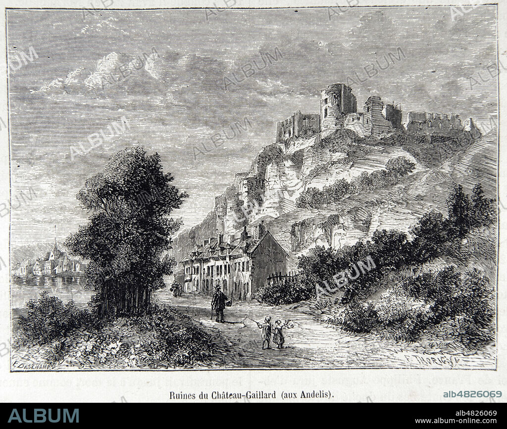 'Ruines du Chateau-Gaillard (aux Andelys)'. Forteresse medievale du XIIeme siecle construite sur la volonte de Richard Coeur de Lion. Illustration par Thorigny (1824-1870) tiree de l'ouvrage 'Histoire de France populaire' par Henri Martin (1810-1883), publie vers 1867. Credit : Collection Grob/KHARBINE-TAPABOR.