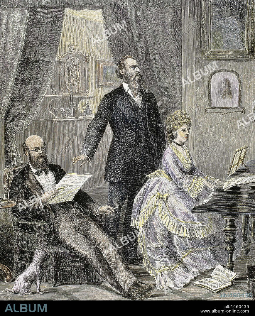 Bourgeoisie. Listening to piano. Nineteenth-century colored engraving. -  Album alb1460435