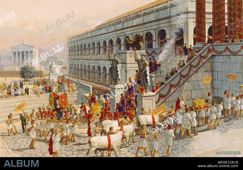 Titus (Titus Flavius Vespasianus), röm. Kaiser (79-81 n. Chr.); 30-81. Triumphzug des Titus durch Rom nach der Eroberung und Plünderung von Jerusalem, 70 n. Chr., mit der Kriegsbeute. Aquarell, undat., von Peter Connolly. (1935-2012).