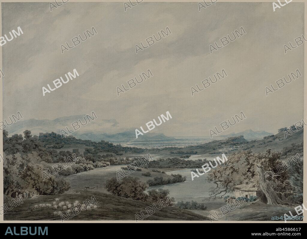 Italian Landscape, c. 1790-1792. During the 18th century, views of Italy and the Continent were in great demand among British aristocrats on the Grand Tour. Cozens journeyed to Italy and Switzerland twice in his career, making pencil and wash sketches from which he later derived highly finished watercolours for various patrons. The artist?s somber palette, limited to muted greens, grays, and blues, produces a melancholy, hazy effect in this landscape. The site depicted here has thus far proved unidentifiable and may be an amalgamation of memory and imagination. The left portion of the composition relates to another watercolour depicting a view of Velletri, a town outside of Rome; the cottage and trees in the right foreground seem English, and the central plain and winding river appear to be pure invention.