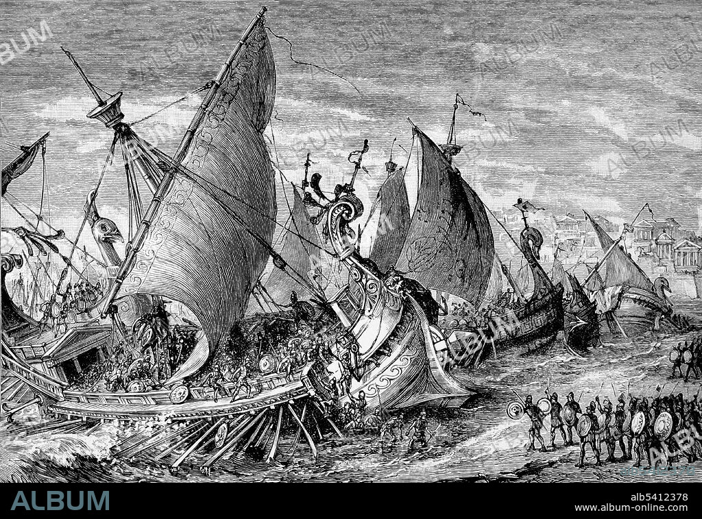 The Sicilian Expedition was an Athenian military expedition to Sicily, which took place from 415-413 BC during the Peloponnesian War. As the Athenians were preparing to sail home, on August 28, there was a lunar eclipse, and Nicias, an Athenian general and superstitious man, asked the priests what he should do. They suggested the Athenians wait for another 27 days, and Nicias agreed. The Syracusans took advantage of this, and 76 of their ships attacked 86 Athenian ships in the harbor. The Athenians were defeated, many of the ships were pushed on to the shore, and 18 beached ships were captured. Cyclopedia of Universal History by John Clark Ridpath, 1890 (cropped and cleaned).