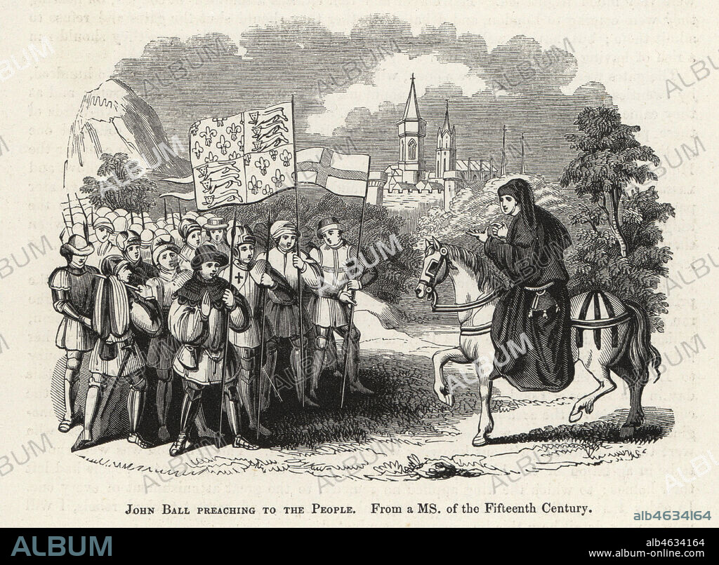 John Ball preaching to the people in the Peasants' Revolt, 1381. The rebels hold flags with the St. Georges cross and Plantagenet coat of arms. Woodcut after an illuminated manuscript from Sir John Froissart's Chronicles of England, France, Spain and the Adjoining Countries, from the Latter Part of the Reign of Edward II to the Coronation of Henry IV, George Routledge, London, 1868.