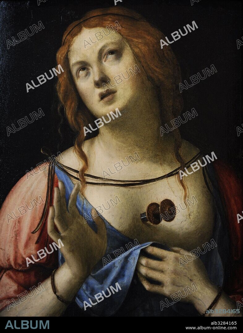 Lucrecia (s. VI a. C). Hija de Espurio Lucrecio Tricipitino, contrajo matrimonio con Colatino. Víctima de una violación por parte del hijo de Lucio Tarquinio. El ultraje y suicidio de la mujer provocó la caida de la monarquía y establecimiento de la República. Retrato por un artista lombardo desconocido, 1510-1520. Colección Farnese. Museo de Capodimonte. Nápoles. Italia.