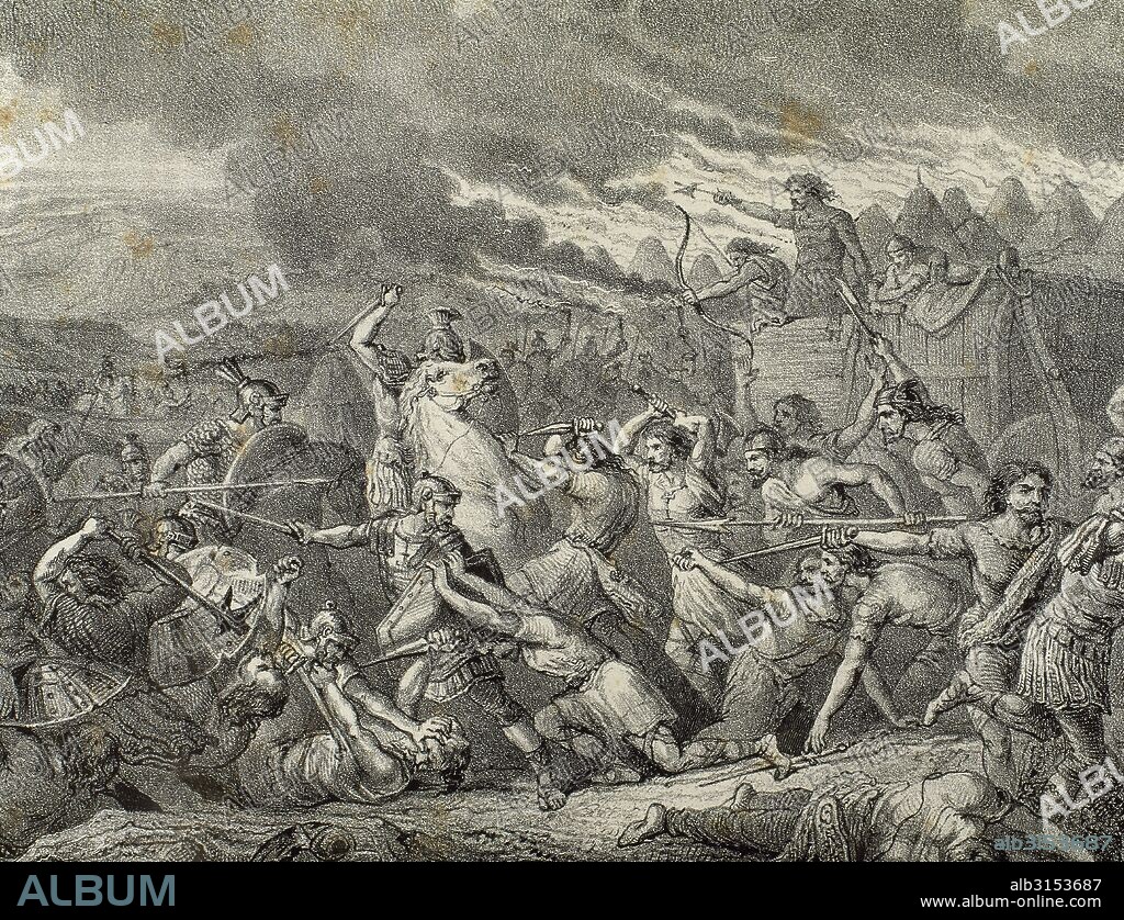 Roman conquest of Hispania. Hispania Ulterior. Battle between Celtiberian and Roman troops under Cayo Calpurnio Pison, Praetor of the Hispania Ulterior in 185 BC. Lusitanians and the Celtiberians were defeated by the Roman army. Engraving by Rafael del Castillo. "Historia de Espan_a Ilustrada", 1871.