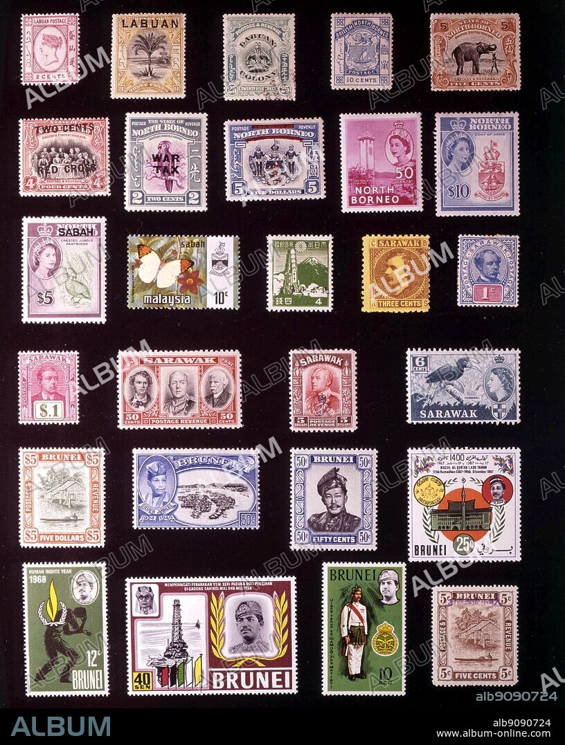 ASIA - BRITISH BORNEO: (left to right) 1. Labuan, 2 cents, 1885, 2. Labuan, 3 cents, 1897, 3. Labuan, 25 cents, 1902, 4. British North Borneo, 10 cents, 1886, 5. State of North Borneo, 5 cents, 1909, 6. North Borneo, 4 + 2 cents, 1918, 7. North Borneo, 2 cents, 1941, 8. North Borneo, 5 dollars, 1947, 9. North Borneo, 50 cents, 1954, 10. North Borneo, 10 dollars, 1961, 11. Sabah, 5 dollars, 1964, 12. Sabah, 10 cents, 1971, 13. Japanese occupation of North Borneo, 4 sen, 1945, 14. Sarawak, 3 cents, 1871, 15. Sarawak, 1 cent, 1901, 16. Sarawak, 1 dollar, 1918, 17. Sarawak, 50 cents, 1946, 18. Sarawak, 5 dollars, 1947, 19. Sarawak, 6 cents, 1957, 20. Brunei, 5 dollars, 1948, 21. Brunei, 50 cents, 1949, 22. Brunei, 50 cents, 1952, 23. Brunei, 25 cents, 1967, 24. Brunei, 12 cents, 1968, 25. Brunei, 40 sen, 1969, 26. Brunei, 10 sen, 1971, 27. Brunei under Japanese occupation, 5 cents, 1942.