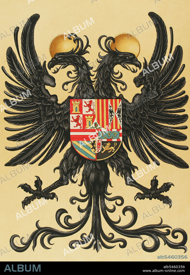 Pendón Real de Carlos I de España y V de Alemania (1500-1558). Aguila imperial bicéfala. En su interior se representan todas sus posesiones: Castilla, León, Aragón, Granada, Sicilia, Borgoña, Bramante, Austria, escudón de Flandes y Tirol. Cromolitografía. Historia General de España, por Modesto Lafuente. Tomo II. Publicado en Barcelona, 1879.