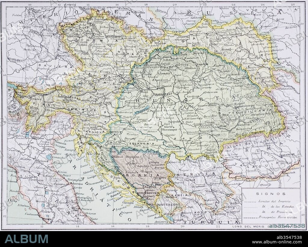 Map of the Austro-Hungarian empire at the turn of the 20th century. Map is in Spanish language. From Enciclopedia Ilustrada Seguí, published Barcelona circa 1910.