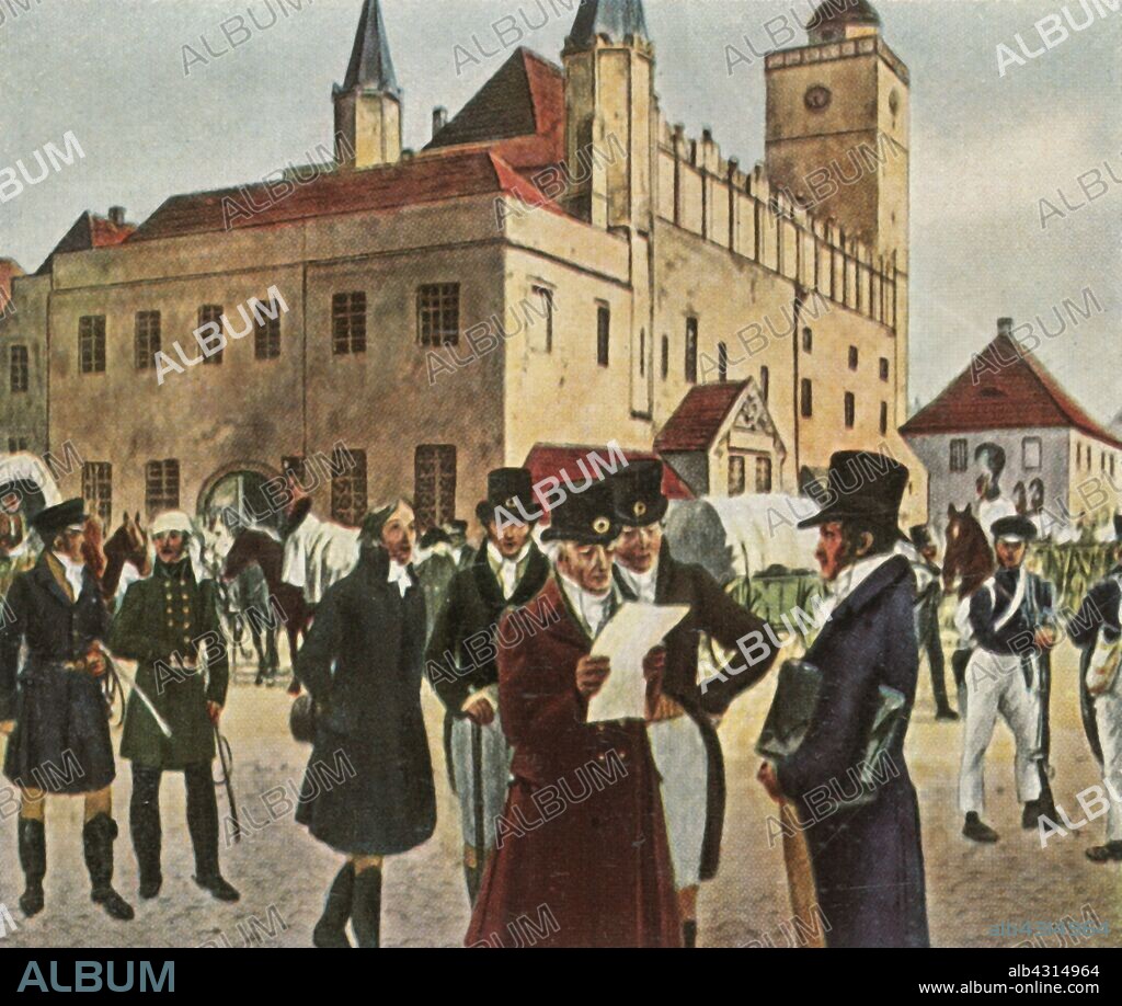 In front of the town hall at Reichenbach in Silesia during the ceasefire, 4 June - 12 August 1813, (1936). 'Vor Dem Rathaus Zu Reichenbach I Schles. Während Des Waffenstillstandes, 4 Juni Bis 12 August 1813'. The Truce of Pläswitz was a nine-week armistice during the Napoleonic Wars. It bought time for the signing of the Treaty of Reichenbach (Dzierzoniów in Poland) on 27 June. From "Bilder Deutscher Geschichte", (Pictures of German History), No.12, cigarette card album. [Cigaretten-Bilderdienst, Altona-Bahrenfeld, Hamburg, Germany, 1936].