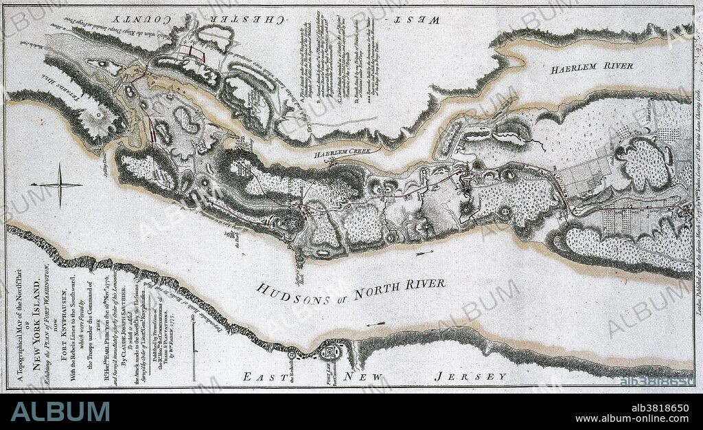 A topographical map of the north part of New York Island, showing the Plan of Fort Washington, now Fort Knyphausen by Claude Joseph Sauthier. November 16th, 1776. Four attacks are depicted as follows: A) first attack under General Knyphausen, B) second Attack by the 1st and 2nd battle of light infantry and Battle of Guards, C) third attack intended as a feint by the 42nd Regime, D) fourth attack by one Brigade of British and one of Hessians. The Battle of Fort Washington was a battle fought in New York on November 16, 1776 during the American Revolutionary War between the United States and Great Britain. It was a British victory that gained the surrender of the remnant of the garrison of Fort Washington near the north end of Manhattan Island. General William Howe led an assault from three sides: the north, east and south. Tides in the Harlem River prevented some troops from landing and delayed the attack. When the British moved against the defenses, the southern and western American defenses fell quickly. Patriot forces on the north side offered stiff resistance to the Hessian attack, but they too were eventually overwhelmed. With the fort surrounded by land and sea, Colonel Magaw chose to surrender. A total of 59 Americans were killed and 2,837 were taken as prisoners of war.