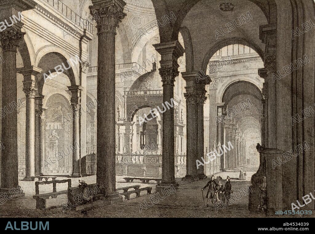Florence. Church of S. Spirito, signed: D. del, Audot edit, Durau sc, Fig. 14, p. 66, Durau, Louis (sc.); Audot, Louis Eustache (edit.), 1837, Davide Bertolotti: L' Italia, descritta e dipinta con le sue isole di Sicilia, Sardegna, Elba, Malta, Eolie, di Calipso, ecc. [...]: secondo le ispirazioni, le indagini ed i lavori de' seguenti autori ed artisti Di Chateaubriand [...] [et al.]. Torino: presso Giuseppe Pomba e C., 1837.