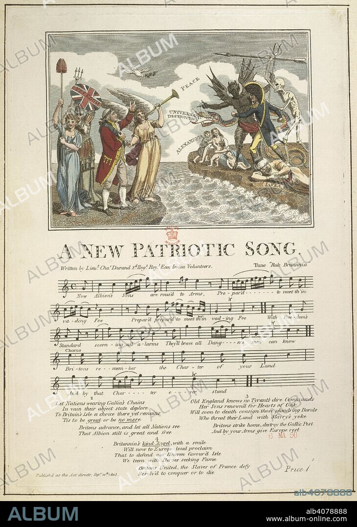 A New Patriotic Song. Loyal and patriotic hand-bills, songs, addresses,. London, 1803. A New Patriotic Song. A figure in British military uniform stands with an angel and Britannia. Across the English Channel, stands a French officer, with a devil and death as a skeleton.  Image taken from Loyal and patriotic hand-bills, songs, addresses, etc. on the threatened invasion of Great Britain by Buonaparte.  Originally published/produced in London, 1803. . Source: 650.a.12.(22),. Language: English.