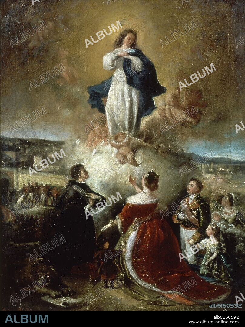 PAULINO DE LA LINDE. 'Isabel II y su familia con el Patriarca de las Indias dando gracias a la Virgen', ca. 1860, Oil on canvas, 60 x 48,7 cm, CE2017.