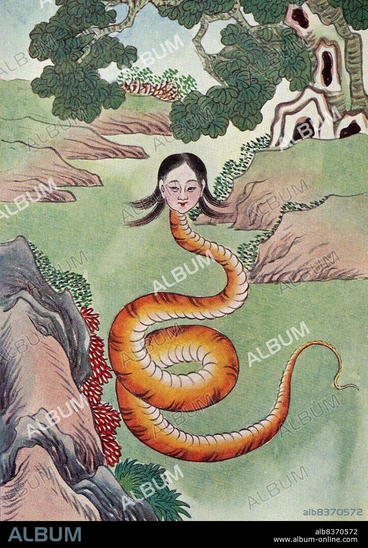 Nuwa, sometimes also known as Nugua, is an ancient Chinese goddess who is most famous for the creation of mankind and repairing the pillar of heaven. She is often depicted as either a woman with a serpentine lower body or even just a woman's head on a serpent's body, earning her the name 'Snake Goddess'. Nuwa and her brother/husband Fuxi forged humanity out of clay, breathing life into them.<br/><br/>. After a fight between the fire god Zhurong and the sea monster Gong Gong caused the latter to smash into Buzhou Mountain, one of the pillars holding up the sky, which resulted in calamity. Great floods and much suffering affected the people, and Nuwa is said to have cut the legs off the giant turtle Ao, using them in place of the fallen pillar to end the disaster. However, she was not able to fully correct the tilted sky and earth, thus explaining why Chinese rivers generally flow to the southeast while the sun, moon and stars move towards the northwest.<br/><br/>. Nuwa also plays an important role in the Ming Dynasty novel 'Fengshen Yanyi'. After King Zhou of Shang Dynasty insulted the goddess by lusting after her and writing an obscene poem on the wall of her temple. In vengeance, she sent three spirits to bewitch King Zhou, eventually causing the downfall of the Shang Dynasty.