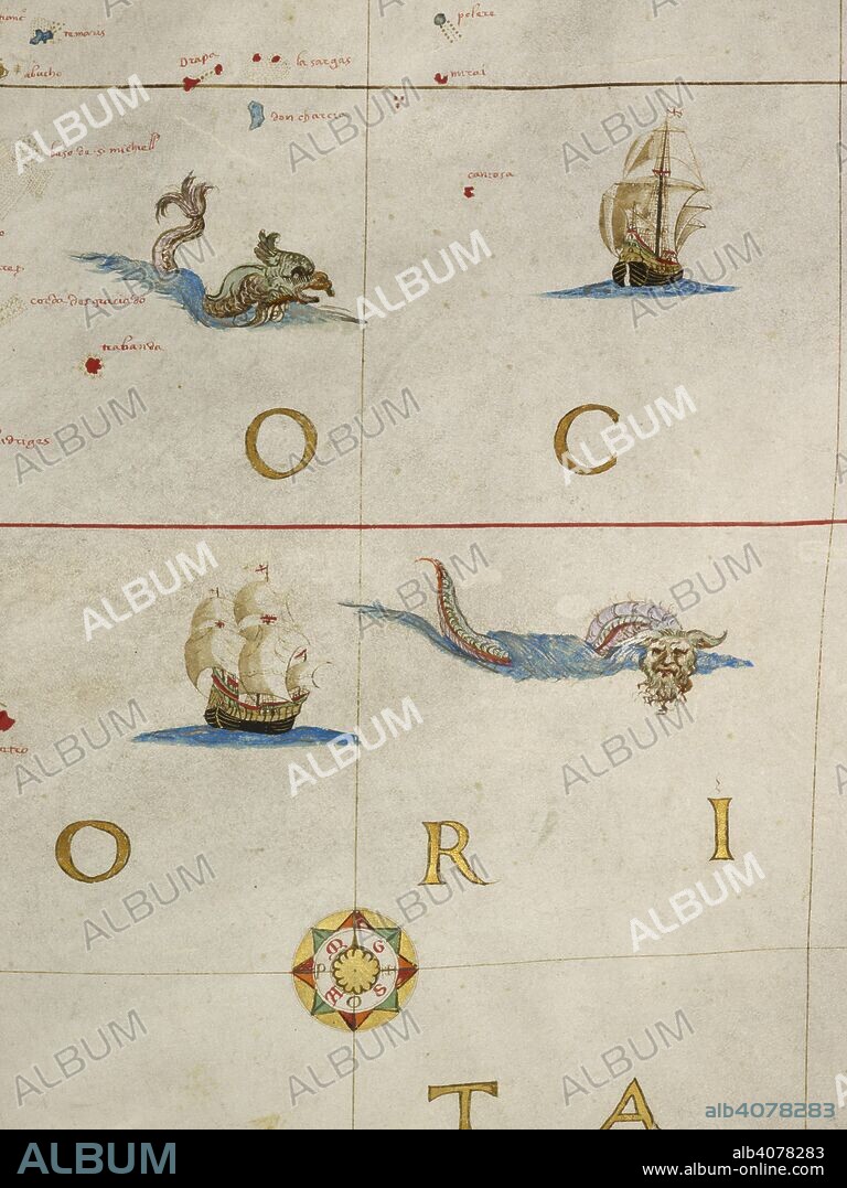 A detail of a bird-headed sea monster and a human sea serpent . MAP of the world. 1582. Vellum roll, 7 ft. 3 in. x 3 ft. 7 in. Source: Add. 27470.