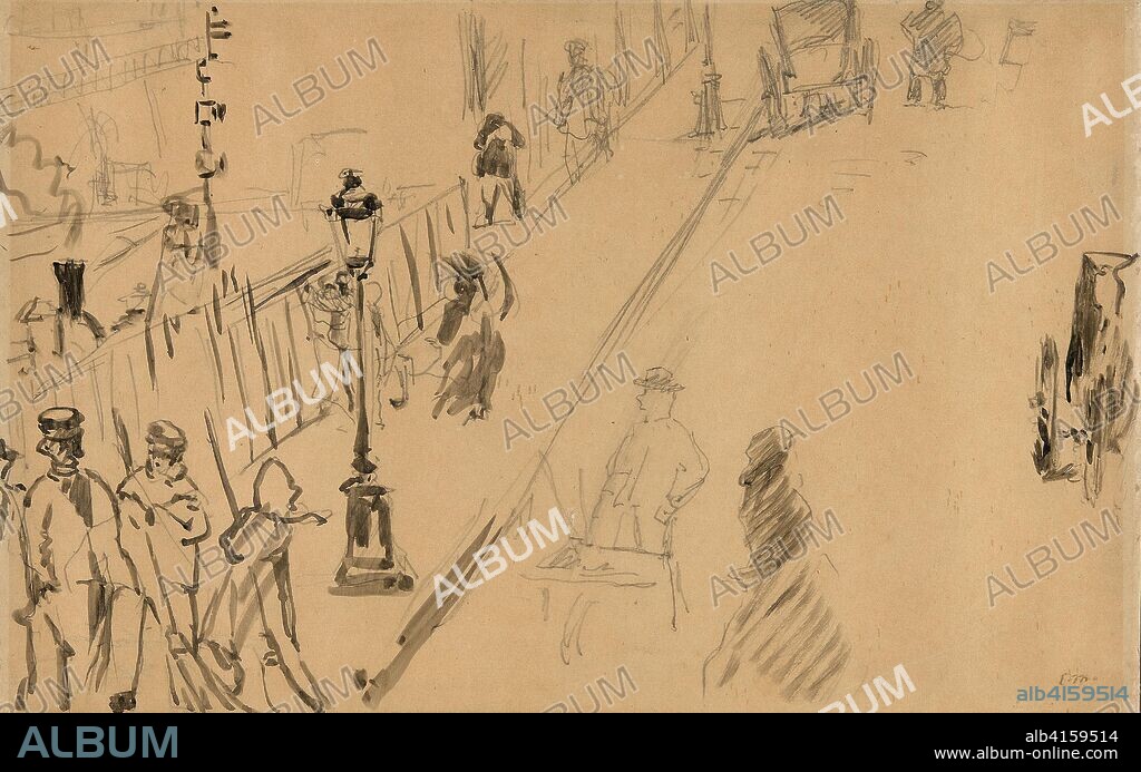 EDOUARD MANET. The rue Mosnier with Gas Lamp. Édouard Manet; French, 1832-1883. Date: 1878. Dimensions: 277 × 441 mm. Brush with tusche, over graphite on transfer paper, laid down on cream wove paper. Origin: France.