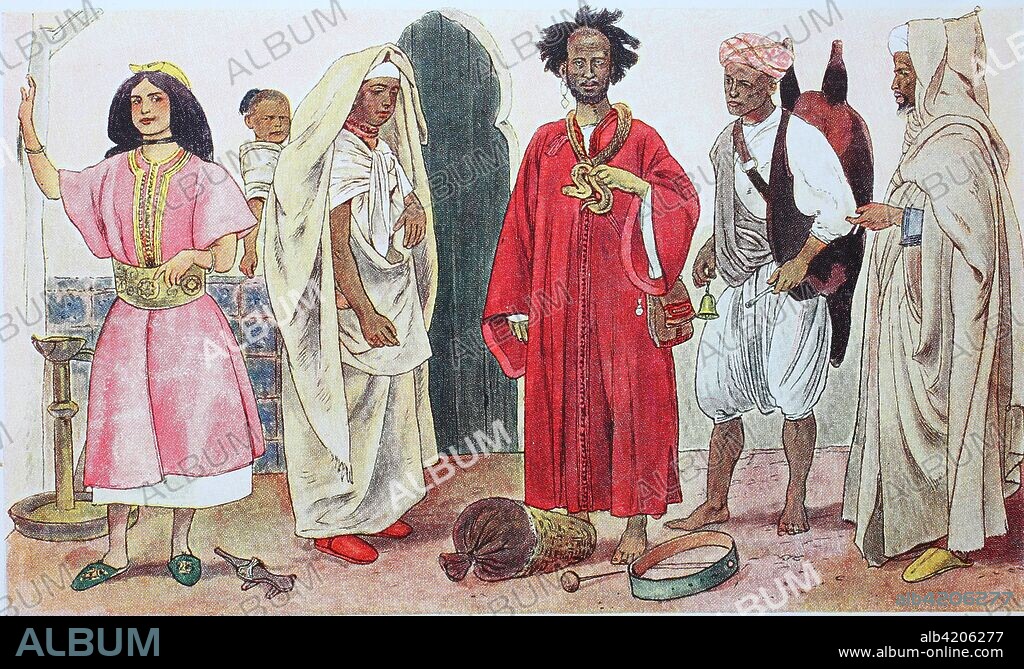Clothing, fashion in Morocco, about 19th century, from the left, a girl in a housecoat, a woman of the people in the envelope coat, the haik, then a magician with a snake, then a water seller with an animal-slaughter, then a man in haik, envelope coat, with the burnus over it, digital improved reproduction from an original from the year 1900.