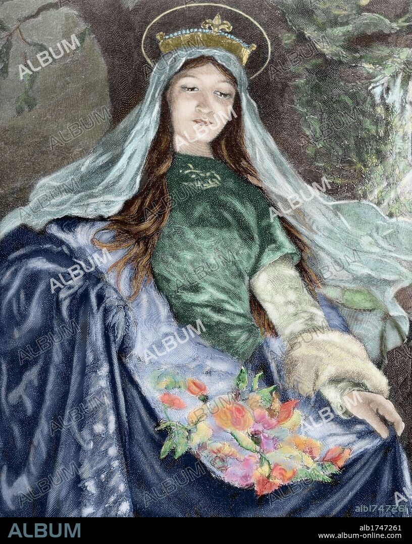 SANTA ISABEL (Presburgo, 1207-Marburgo, 1231). REINA DE HUNGRIA. Hija de Andrés II de Hungría, al enviudar de Luís IV entró a formar parte de la orden de San Francisco. Fue canonizada en 1235 por Gregorio IX. Grabado por R. Bong. Coloreado.