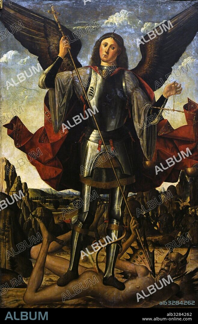 San Miguel Arcángel. Uno de los espíritus bienaventurados, de orden media, entre los ángeles y los principado. Políptico. Pintura atribuída a Francesco Pagano (finales s. XV-principios s. XVI), hacia 1492. Detalle. Museo de Capodimonte. Nápoles. Italia.