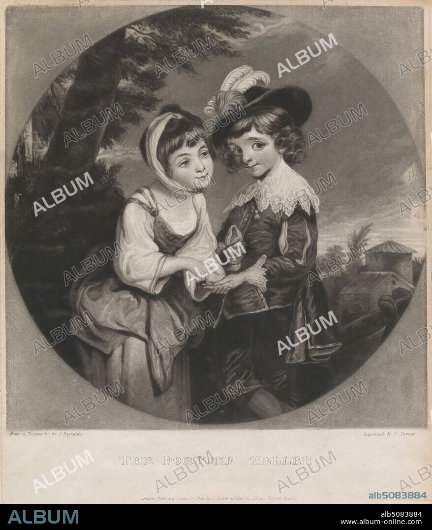 Lord Henry and Lady Charlotte Spencer : 'The Fortune Teller', Print made by Charles Turner, 17741857, British, after Sir Joshua Reynolds RA, 17231792, British, 1823, Mezzotint (first state) on moderately thick, moderately textured, beige, wove paper, Sheet: 11 1/4 × 9 11/16 inches (28.6 × 24.6 cm), Plate: 10 5/8 × 9 inches (27 × 22.9 cm), and Image: 8 7/8 × 8 7/8 inches (22.5 × 22.5 cm).