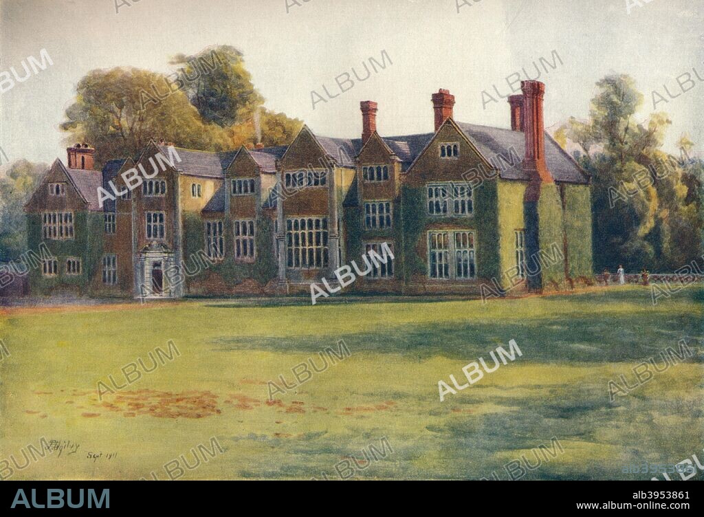 'Losely Place', 1911, (1914). Loseley Park, a historic manor house situated in the hamlet of Littleton, Guildford, Surrey. Loseley appears in Domesday Book of 1086 as Losele. The present house was built between 1562 and 1568 with stone brought from the ruins of Waverley Abbey. The present house replaced a smaller one which Elizabeth I declared was not 'adequate' for her to visit. The great hall is the principal room containing panelling from Henry VIII's Nonsuch Palace, a minstrel's gallery, carvings by Grinling Gibbons, panels from Henry VIII's banqueting tents and a collection of royal and family portraits. The house contains one of the few paintings of Anne Boleyn. It is a Grade I listed building. From A Pilgrimage In Surrey, Vol. 1, by James S. Ogilvy. [George Routledge & Sons Limited, London, 1914].