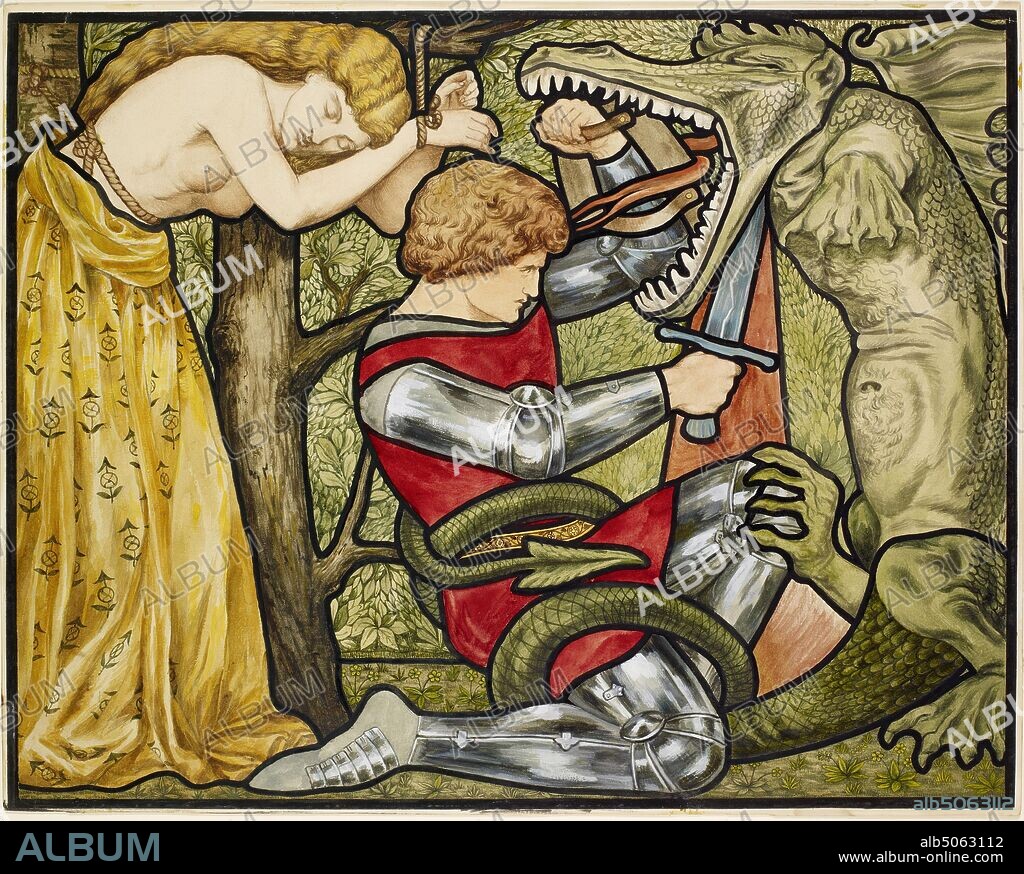 The Story of St George, St George Slaying the Dragon, 1875-90 Artist: Rosa Corder After a design by: Dante Gabriel Rossetti, Armour, Sword, Watercolour, Dragon, Religion, Saint.