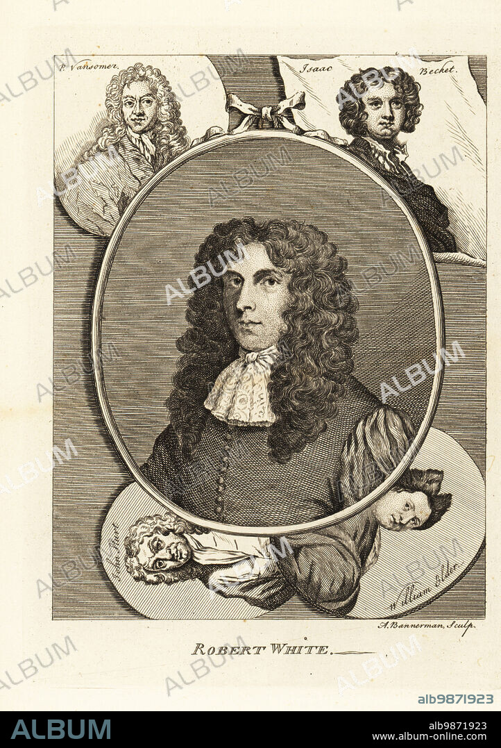 Portrait of Robert White, English draughtsman, engraver., and leading portrait engraver, 1645-1703. Surrounded by oval portraits of Scottish engraver William Elder. Flemish artist Paul Van Somer, John Stuart, English mezzotint engraver Isaac Beckett. Copperplate engraving by Alexander Bannerman after a portrait by an unknown artist from Horace Walpoles Anecdotes of Painting in England, London, 1765.