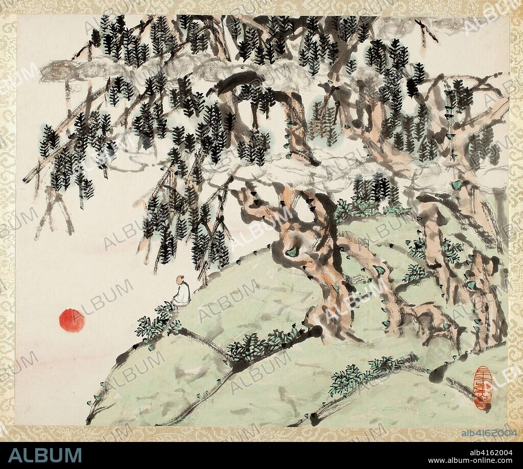 Landscape and Figure, from an album of Landscapes and Calligraphy for Liu Songfu. Xugu; Chinese, 1823-1896. Date: 1895-1896. Dimensions: Each leaf: 30.5 × 36.3 cm (12 × 14.25 in.). Album leaves; ink and color on paper. Origin: China.