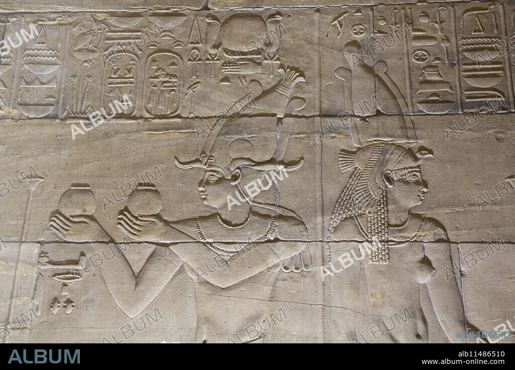 Reliefs in the Sanctuary, Temple of Isis, UNESCO World Heritage Site, Philae Island, Aswan, Nubia, Egypt, North Africa, Africa.