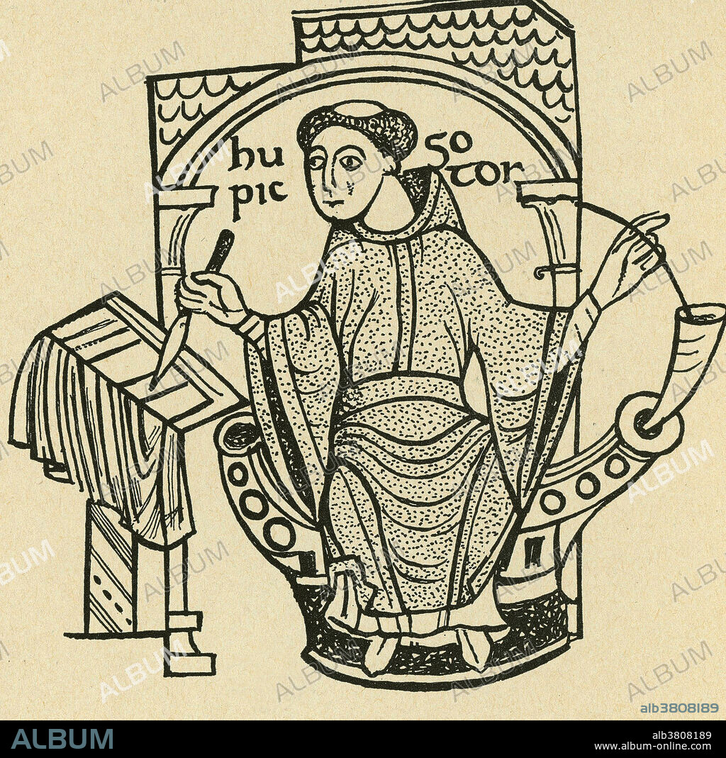 An illustration of a medieval monk and scribe dipping his quill into an inkhorn and writing with a brush. The illustration, a self-portrait, is by and of Hugo Pictor, one of the few artists of the 12th century whose name is known. ''Pictor'' means painter in Latin.