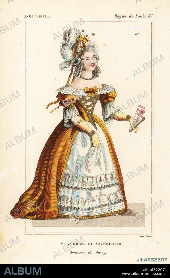 Jeanne Becu, Madame du Barry, mistress of King Louis XV 1744-1793. Cornart de Vaubernier, Comtesse du Barry. Handcoloured lithograph after a painting in Versailles from Le Bibliophile Jacob aka Paul Lacroix's Costumes Historiques de la France (Historical Costumes of France), Administration de Librairie, Paris, 1852.