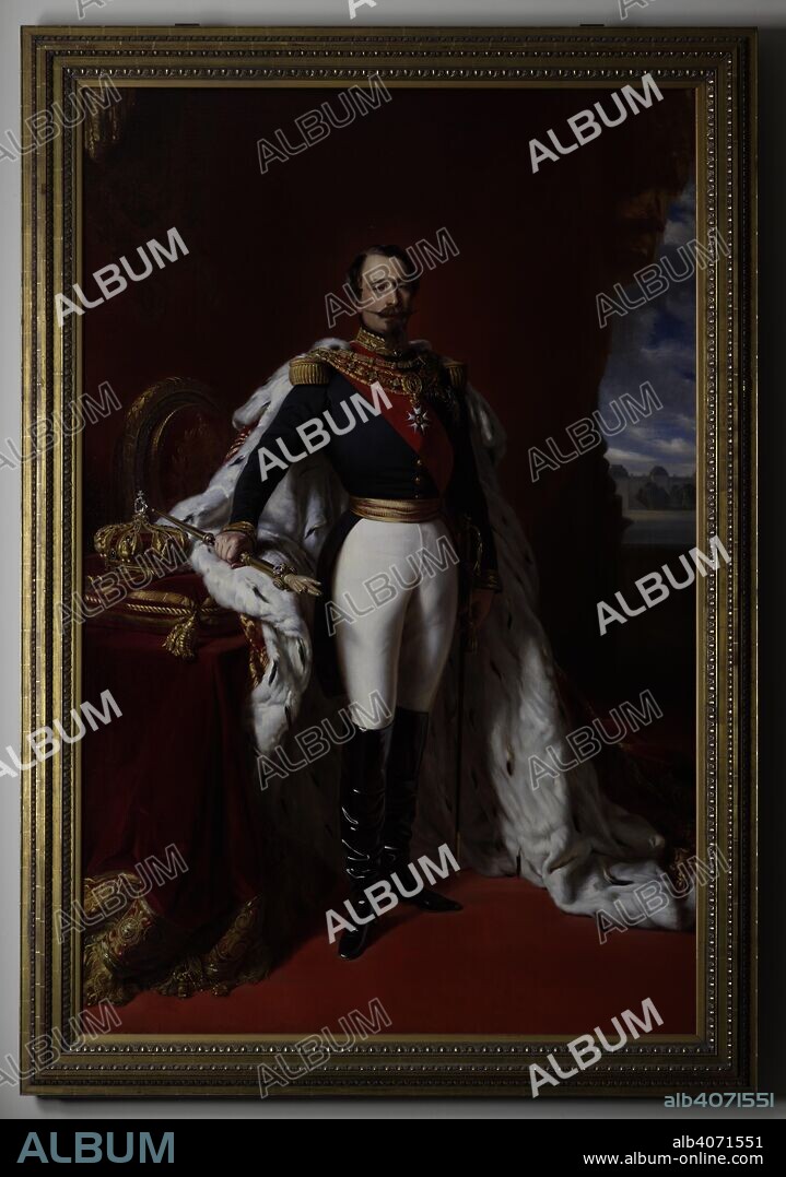 ARMAND GILBERT MELINCOURT-LEFEBVRE. Napoleon III (1808-73), 1855. Napoleon holding a hand of Justice, stands by a table on which are laid his crown and sceptre. He is dressed in a uniform consisting of a dark green coat with facings of gold, white breeches and high military boots. He wears a red ribbon and star, and the grand cordon of the Legion of Honour. From his shoulders hangs a mantle of crimson and gold, lined with ermine. 1855. Oil painting. Source: Foster 55.