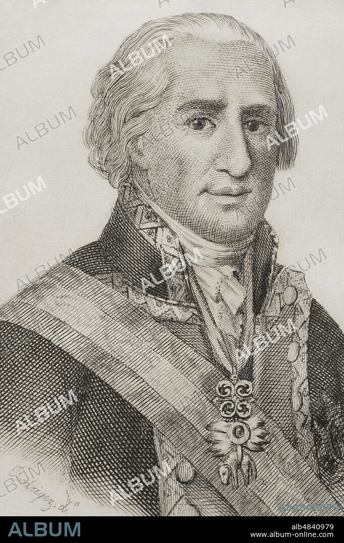 Pedro de Alcántara Téllez Girón y Pacheco (1755-1807). IX Duque de Osuna. Teniente general. Ilustración por Rodriguez. Grabado por Martínez. Detalle. "Historia del Levantamiento, Guerra y Revolución de España", por el conde de Toreno. Madrid,1851.