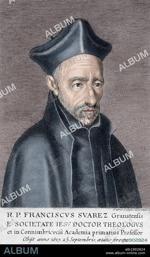 SUAREZ, Francisco (Granada, 1548-Lisboa, 1617). Filósofo y teólogo español. Grabado coloreado del siglo XVII.