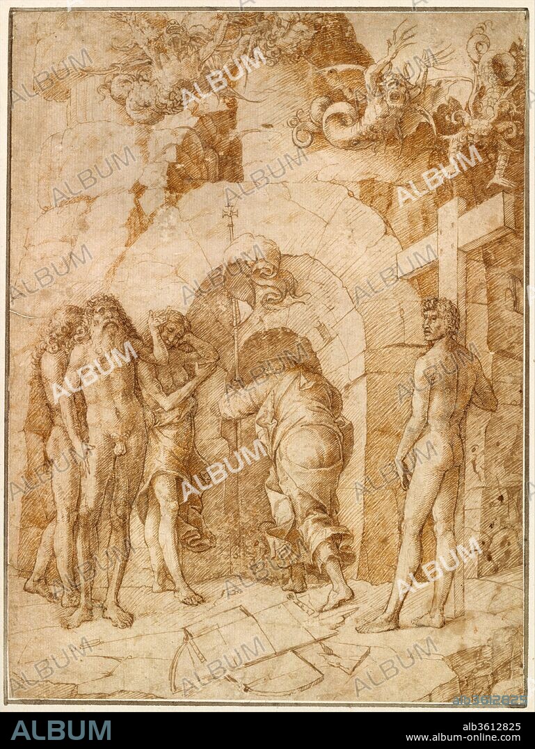 The Descent into Limbo. Artist: Circle of Andrea Mantegna (Italian, Isola di Carturo 1430/31-1506 Mantua). Dimensions: 10 9/16 x 7 7/8 in.  (26.9 x 20 cm). Date: mid-15th century.
In this innovative composition, Christ is portrayed from behind as he embarks upon his descent into Limbo, the zone before the entrance to Hell, where he traveled after his death and before his Resurrection. The story is not found in the New Testament but was part of early Church teachings and by the fifteenth century was an accepted Christian belief. This work is closely related to a group of drawings, engravings, and paintings of a similar composition attributed to Andrea Mantegna, Giovanni Bellini, and their circle. This sheet is likely a copy after a lost drawing by one of these masters. Mantegna's depictions of this subject inspired versions by Bellini, exemplifying the exchanges between the artists.