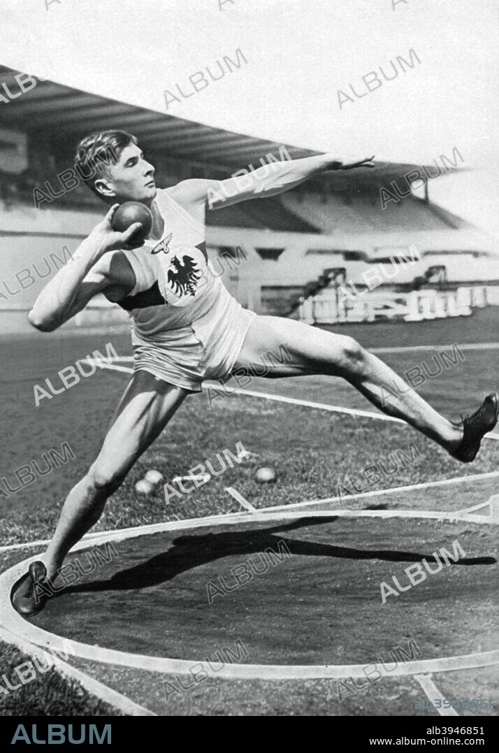 Hans Heinrich Sievert, German athlete, 1936. Sievert compteted in the shot put, discus and decathlon at the 1932 Olympic Games in Los Angeles. In 1934 he won a gold medal in the decathlon at the European Athletics Championships. A print from Olympia 1936, Die Olympischen Spiele 1936, Volume I, Cigaretten-Bilderdienst, Hamburg, 1936.
