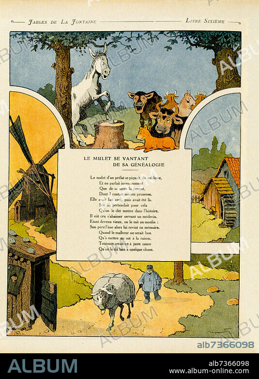 Jean de La Fontaine; 1621-1695. Works: Le mulet se vantant de sa généalogie (The Mule, who boasts his ancestry, - Fables VI, 6). "Le mulet se vantant (...)". Color lithograph by Benjamin Rabier (1869-1939). From: Fables de La Fontaine, illustrious by Benjamin Rabier, Paris (Jules Tallandier) 1906, vol. 2, p. 124. Berlin, Sammlung Archiv für Kunst und Geschichte.