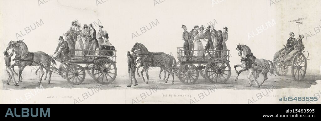 Leiden, Mulder, Aeschinus Saagmans, Netherlands, Springer, Leendert (I), The individual performances, which the procession, held by HH Students of Leiden University on the 9th of February: 1835, closed, Invitation Concert, Ball by Intetekening, Deus nobis haec otia fecit, Invitation to a concert, the ball and drunk students, 1835, verso - stamped, Sheet with three carts. On the first cart a man invites women to a concert. On the second cart a woman surrounded by men at a ball. At the back a gig with two drunk students. Fourth plate in the procession held by students of the Leiden University to celebrate the dies natalis of the university on 9 February 1835., print, prent, prints, Frederik Muller Historieplaten, height 198 mm, width 568 mm, Dutch, 1789-03-05 - 1871-10-29, print maker, printmaker, 1835 - 1835, paper, papier, lithografie (techniek), 1804 - 1841-04-25, intermediary draughtsman.