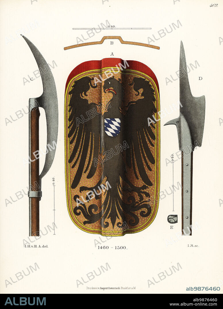 Shield and weapons of the late 15th century. Shield with the coat of arms of Deggendorf, Bavaria A,B; Steitart or pole axe C, and Helmbarte or halberd D. Chromolithograph from Hefner-Alteneck's Costumes, Artworks and Appliances from the Middle Ages to the 17th Century, Frankfurt, 1889. Illustration by Dr. Jakob Heinrich von Hefner-Alteneck, lithographed by I.M. Dr. Hefner-Alteneck (1811 - 1903) was a German museum curator, archaeologist, art historian, illustrator and etcher.
